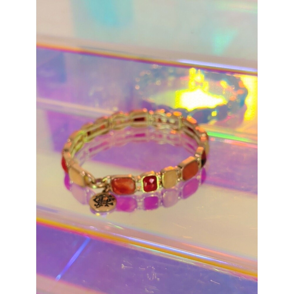 Vintage Liz Claiborne Multicolor Cabochon Stretch Bracelet Gold Tone Rhinestone